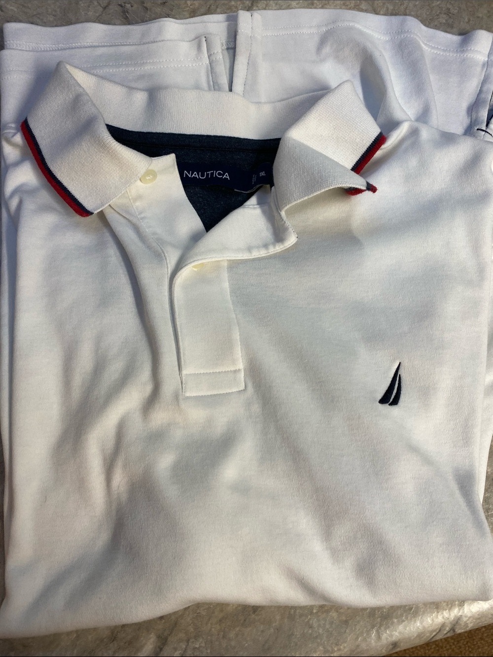 Nautica White Short Sleeve Polo with Navy Sail Logo and Red-Trim Collar